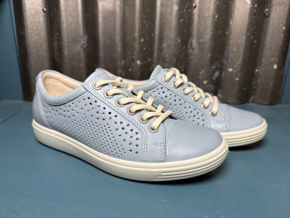 Ecco Soft 7 Trend Tie Perforated Sneaker Leather Light Blue Womens US 4 EU 35
